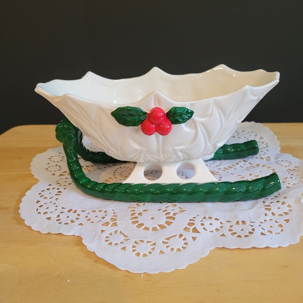 Vermont Country Store Ceramic Green Holly Christmas Sleigh